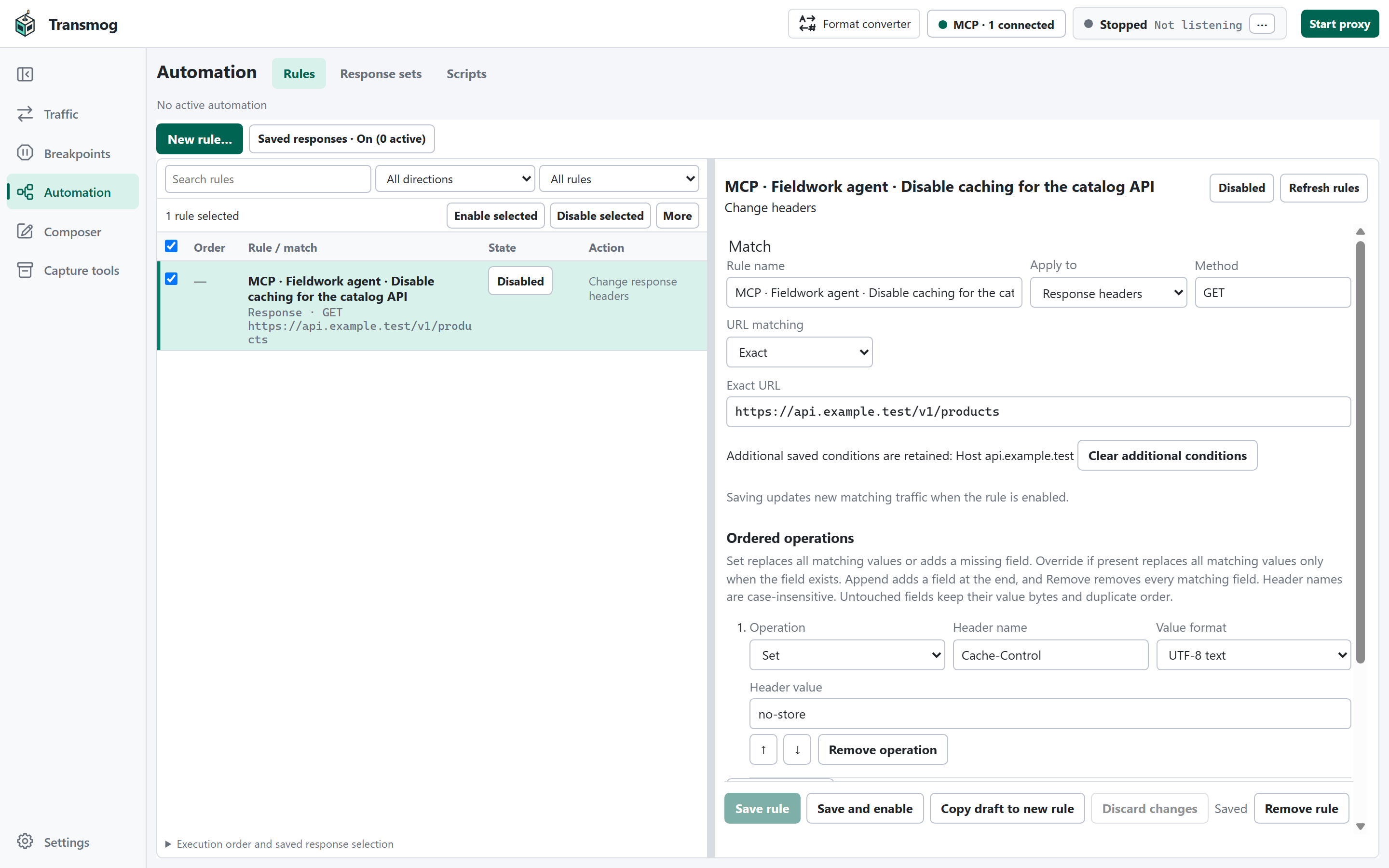 Transmog showing an agent-prepared, disabled response-header rule for a fictional catalog API, with its match and Cache-Control change ready for review.