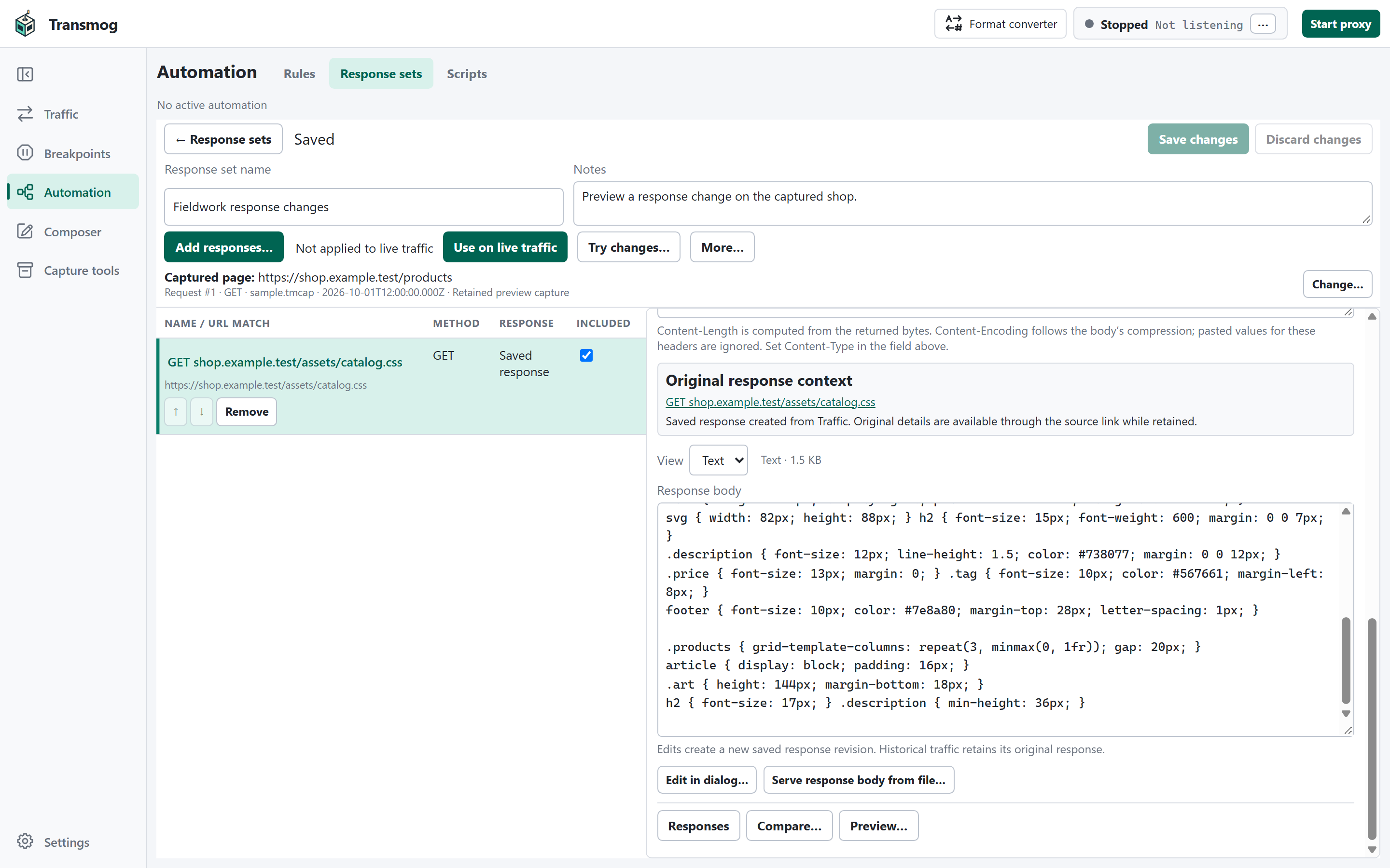Transmog response-set editor with the saved stylesheet change used in the preview.